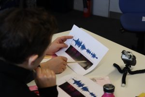 Image shows students holding a spectrogram and discussing what they might hear in the image